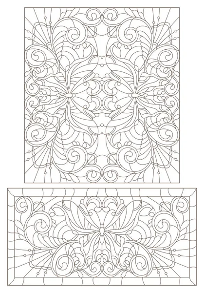 Set Contour Illustrations Stained Glass Windows Butterflies Flowers Dark Contours — Stock Vector