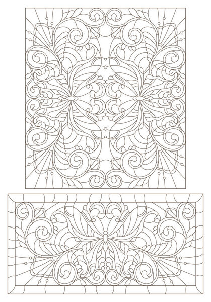 Set of contour illustrations of stained glass Windows with butterflies and flowers, dark contours on a white background