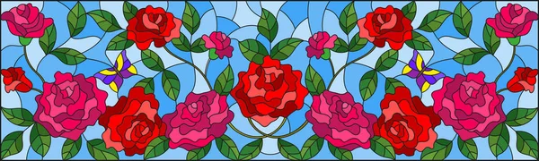 Illustration Glasmalereistil Mit Blumen Schmetterlingen Und Rosenblättern Auf Blauem Hintergrund — Stockvektor