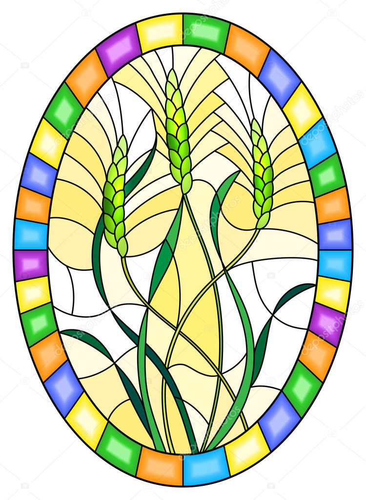 Illustration in stained glass style with spikes of cereal plants on a yellow  background, oval image in bright frame 