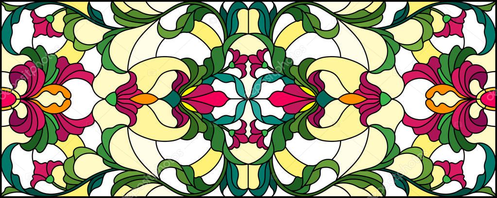 Illustration in stained glass style with abstract  swirls,flowers and leaves  on a yellow background,horizontal orientation