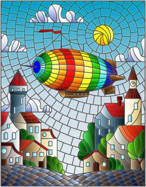 Parlak gökkuşağı balon uçan şehrin üzerinde arka planda stiliyle vitray çizimde bulutlu gökyüzü ve güneş