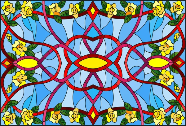 Ілюстрація Вітражному Стилі Абстрактними Гойдалками Квітами Жовтих Троянд Листям Синьому — стоковий вектор