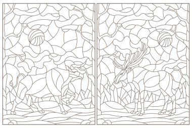 Vitray Windows yabani boğa ve geyik orman manzara, bir arka plan üzerinde beyaz bir arka plan üzerinde koyu konturlar ile kontur resimler ayarla