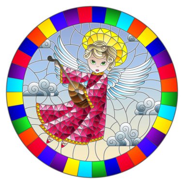 Vitray tarzı illüstrasyon karikatür melek bulutlu gökyüzü parlak çerçeve içinde yuvarlak görüntü karşı UT oynayan pembe elbiseli ile
