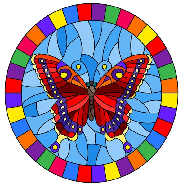 例证在彩色玻璃样式与明亮的红色蝴蝶在蓝色背景 椭圆形图片在明亮的框架 — 图库矢量图片