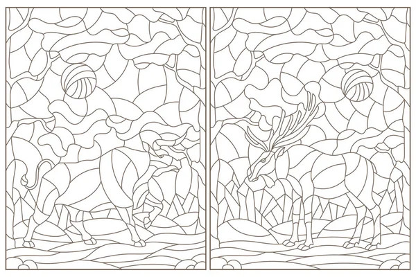 Set Van Contour Illustraties Van Gebrandschilderd Glas Windows Met Wilde — Stockvector