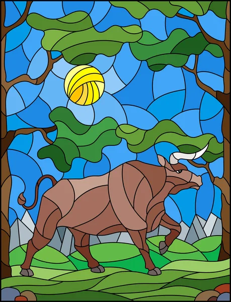 Illustratie Gebrandschilderd Glas Stijl Met Wilde Stier Achtergrond Van Bomen — Stockvector