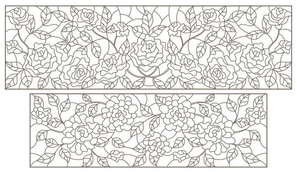 Ensemble Illustrations Verre Teinté Contour Avec Arrangements Floraux Roses Contours — Image vectorielle
