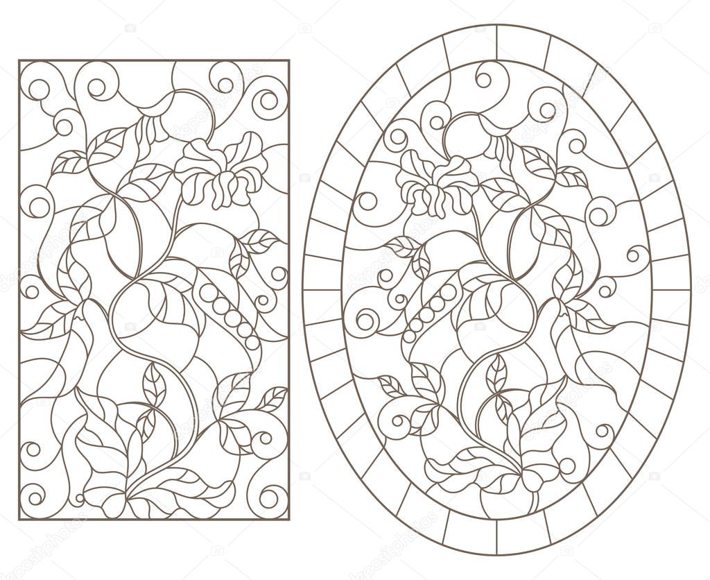 Set of contour illustrations of stained-glass Windows with blooming green peas, oval and rectangular image