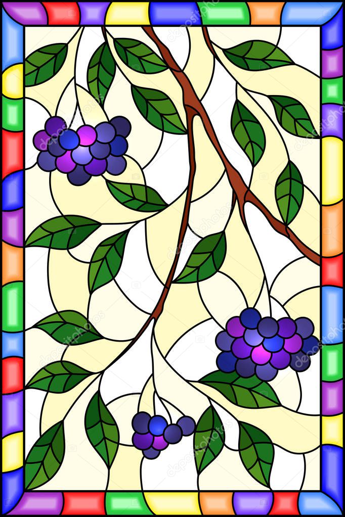 Illustration in stained glass style with a branch of black chokeberry, clusters of berries and leaves against ,vertical image,in bright frame