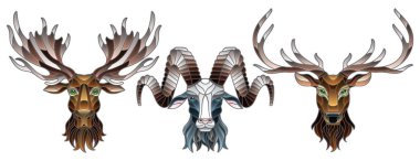 Beyaz arka plan üzerinde renkli cam öğeleri, vitray hayvan başları, bir geyik, bir geyik ve bir Ram ile bir dizi ayırır