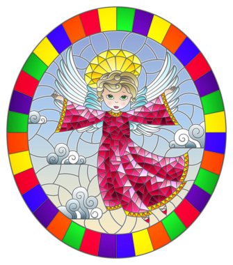 Vitray tarzı illüstrasyon karikatür melek bulutlu gökyüzü görüntü parlak çerçeve içinde yuvarlak pembe elbiseli ile