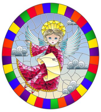 Vitray tarzı illüstrasyon kaydırma ellerinde parlak çerçeve içinde bulutlu gökyüzü ile pembe elbiseli karikatür Angel'la