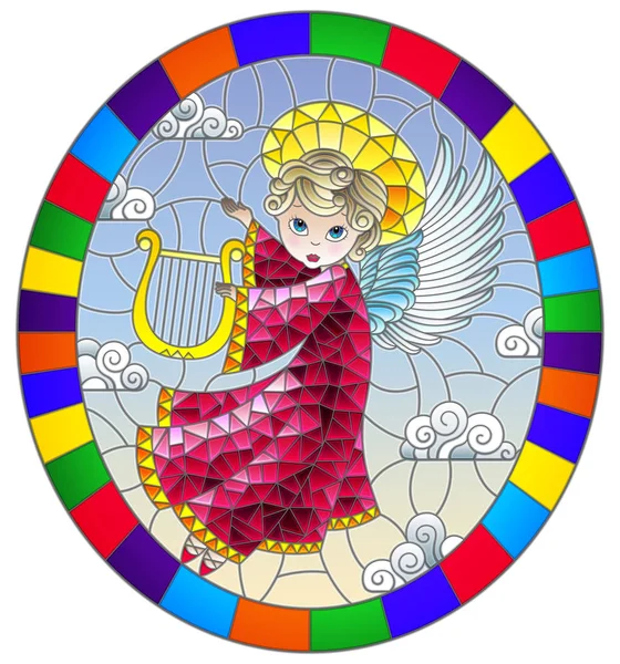Ilustrace Vitráže Stylu Karikatura Růžových Šatech Anděl Hrající Harfu Proti — Stockový vektor