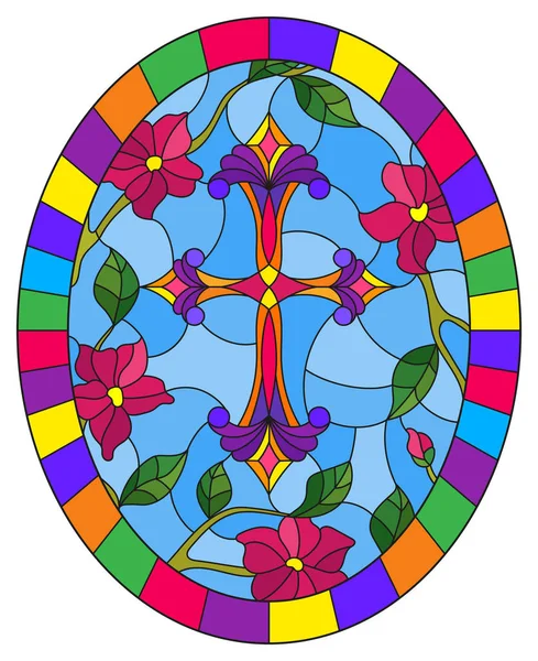 Ilustración Vidrieras Con Una Cruz Cristiana Púrpura Cielo Flores Rosas — Vector de stock