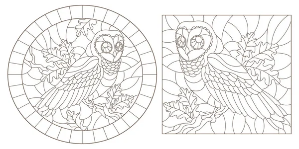 フクロウ 白い背景に暗い輪郭 フレーム内の楕円形や長方形のイメージの輪郭のイラストのセット — ストックベクタ