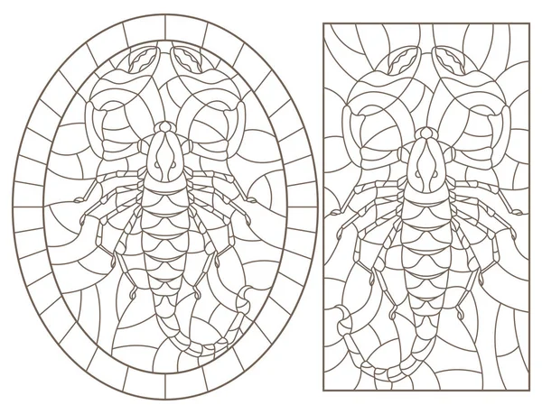 Набор Контурных Иллюстраций Витражей Скорпионом Темные Контуры Белом Фоне — стоковый вектор