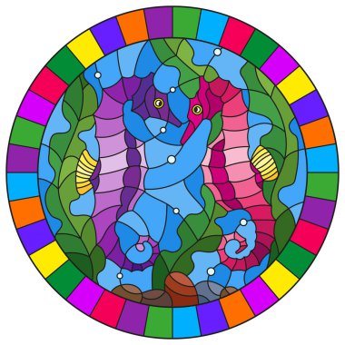 Su ve yosun, parlak bir çerçeveye resim yuvarlak vitray tarzı balık denizatı arka planda bir çift ile çizimi 