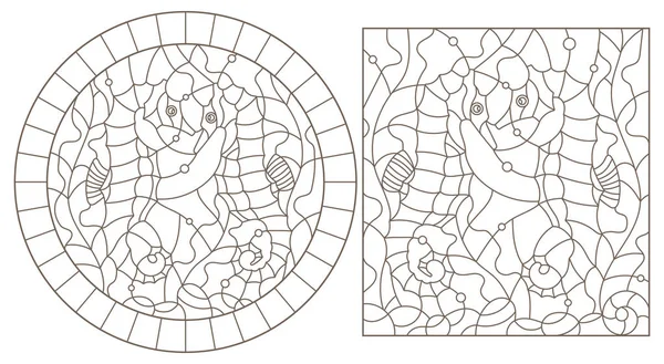 Установить Контурные Иллюстрации Витража Морскими Лошадьми Фоне Водорослей Темные Контуры — стоковый вектор