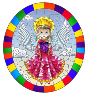 Pembe elbiseli karikatür meleklerle görüntü parlak çerçeve içinde yuvarlak bulutlu gökyüzü karşı elinde kalp ile vitray tarzı illüstrasyon