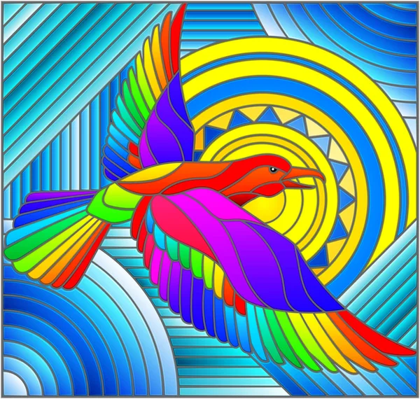 Illustration Glasmalereistil Mit Abstrakten Geometrischen Regenbogenvogel Und Der Sonne Auf — Stockvektor