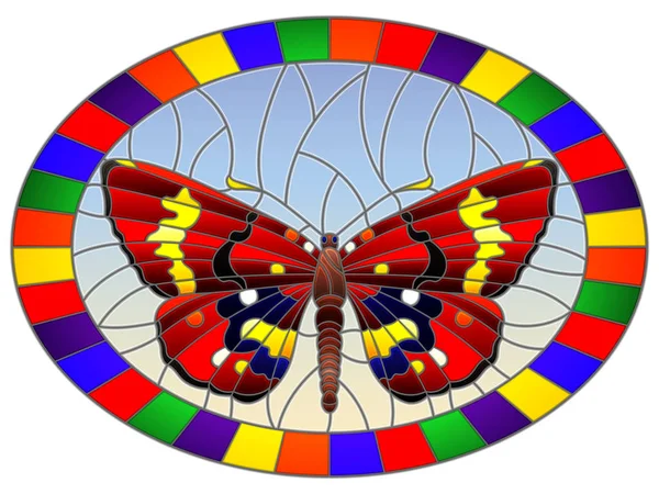 Illustration Glasmalerei Stil Mit Leuchtend Roten Schmetterling Auf Einem Himmelshintergrund — Stockvektor