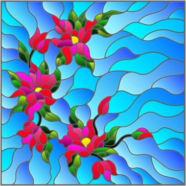 Vitray stil soyut çiçekli resimde bırakır ve swirls, üzerinde mavi arka plan
