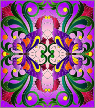 Vitray stil parlak kelebekler, çiçekler ve yapraklar, mor bir arka plan ile resimde