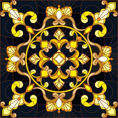 Çiçek süsleme stiliyle vitray, imitasyon altın swirls ve bitkisel motifler ile koyu arka plan üzerinde resimde