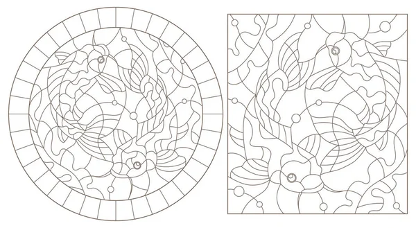 Set Ilustrații Contur Vitralii Pești Fundalul Fundului Mării Alge Contururi — Vector de stoc