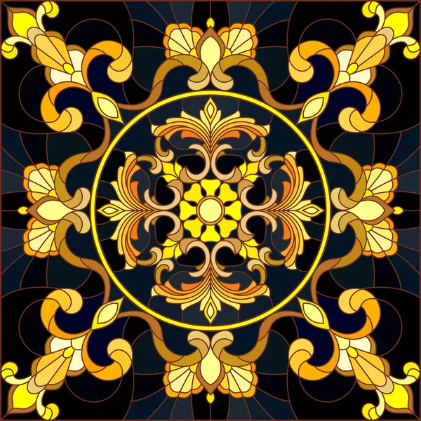 Ilustracja Stylu Witrażu Ornamentem Roślinnym Imitacja Złota Ciemnym Tle Swirls — Wektor stockowy