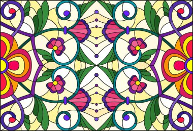 Soyut girdapları, çiçekleri ve yaprakları sarı arka planda, yatay yönelimli, boyalı cam tarzında resimleme