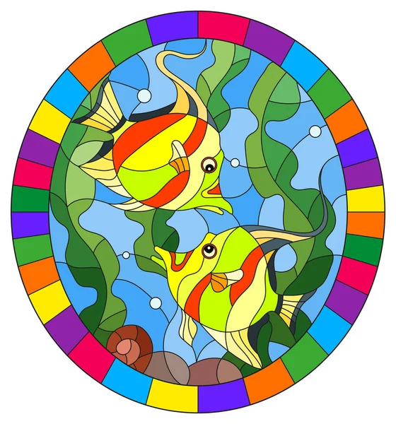 Ilustración Estilo Vitral Con Par Peces Brillantes Fondo Agua Algas — Archivo Imágenes Vectoriales