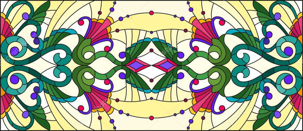 Illustration in stained glass style with abstract  swirls,flowers and leaves  on a yellow background,horizontal orientation