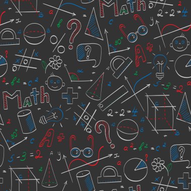 Okul, eğitim ve konu matematik, çizilmiş grafik, formüller ve simgeler renkli tebeşirler karanlık okul panosunda konulu seamless modeli