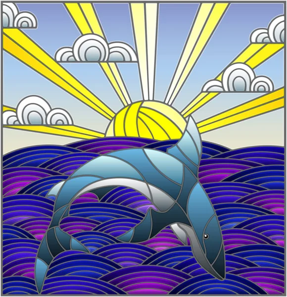 Vitray Stil Köpekbalığı Çizimde Dalgalar Güneşli Gökyüzü Bulutlar — Stok Vektör