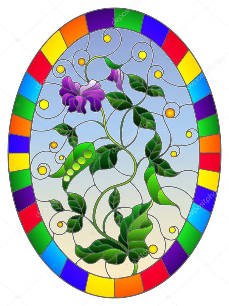Illustration in stained glass style Bush green peas, leaves, shoots, pods and flowers on a sky background, oval picture, in bright frame