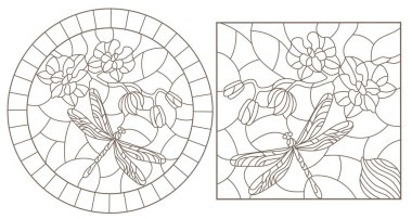 Vitray Windows dragonflys ve orkide, yuvarlak ve dikdörtgen görüntüleri ile kontur çizimleri bir dizi
