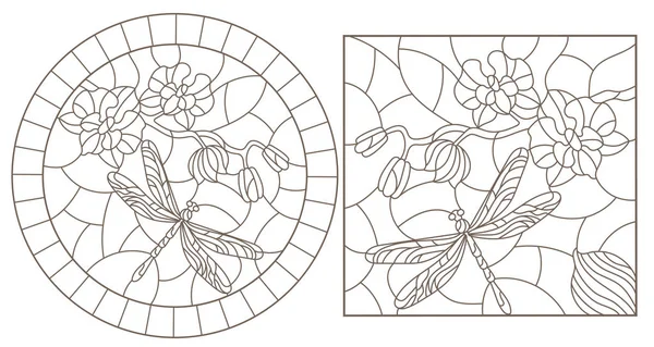 Vitray Windows Dragonflys Orkide Yuvarlak Dikdörtgen Görüntüleri Ile Kontur Çizimleri — Stok Vektör