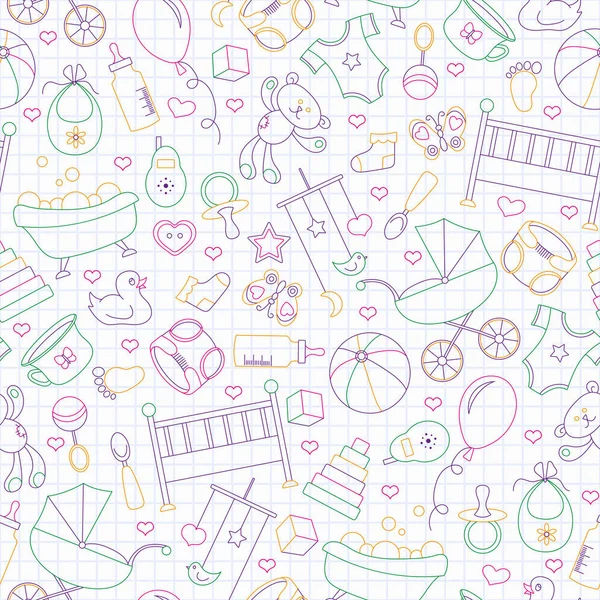 幼年期および新生児の赤ちゃん 赤ちゃんのアクセサリーやおもちゃ 簡単な輪郭のアイコンのケージのきれいな習字帳シートに色のマーカーで描画をテーマとしたシームレスなパターン — ストックベクタ