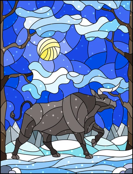 Illustration Glasmalereistil Mit Wildem Stier Auf Dem Hintergrund Von Bäumen — Stockvektor