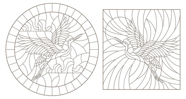 Ensemble Illustrations Contour Vitraux Avec Des Oiseaux Cigognes Des Images — Image vectorielle