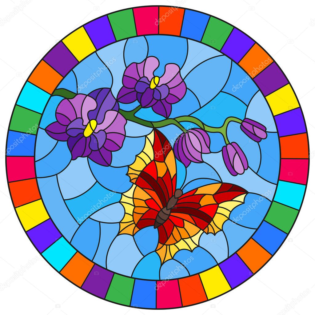 Illustration in stained glass style with a branch of purple Orchid and bright butterfly on a blue background, round image in bright frame