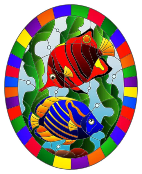 Illustration in stained glass style with a pair bright fishes on the background of water and algae,oval picture in a bright frame — Stock Vector