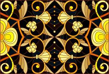 Çiçek süsleme stiliyle vitray, imitasyon altın swirls ve bitkisel motifler ile koyu arka plan üzerinde resimde