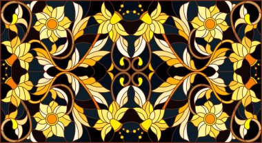 Çiçek süsleme stiliyle vitray, imitasyon altın swirls ve bitkisel motifler ile koyu arka plan üzerinde resimde