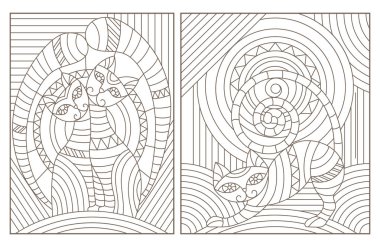 Soyut kedili mozaik cam tarzında tasvir çizimleri, beyaz arkaplanda koyu çizgiler