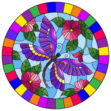 Vitray tarzı bir parlak pembe flowera ve görüntü parlak çerçeve içinde yuvarlak mavi bir arka plan üzerinde mor yusufçuk çizimde