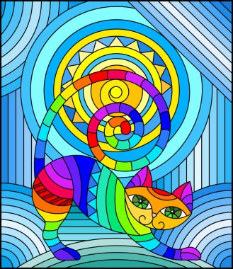 Soyut geometrik kedi ve soyut mavi arka planda güneş ile boyalı cam tarzı bir resim